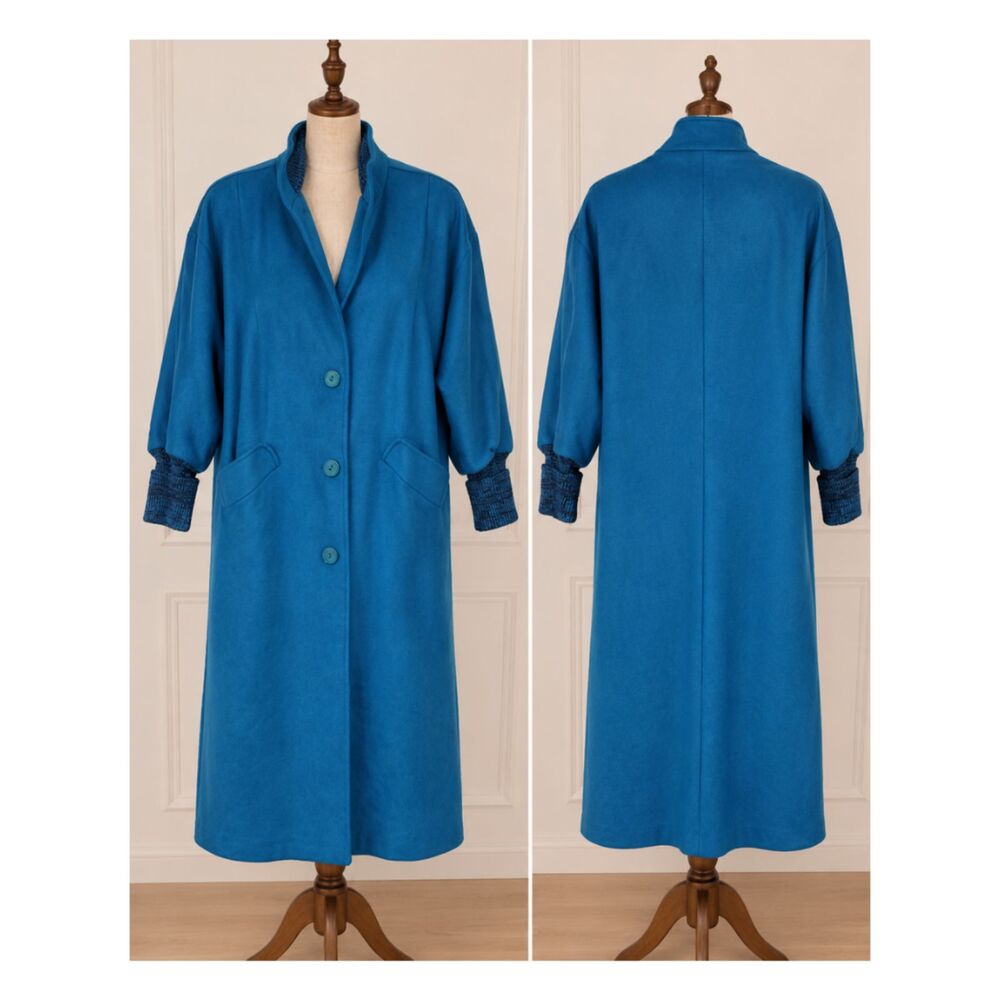 Michelle Stuart 100% Pure Wool Blue Long Pea Coat with Knit Cuffs & Collar.